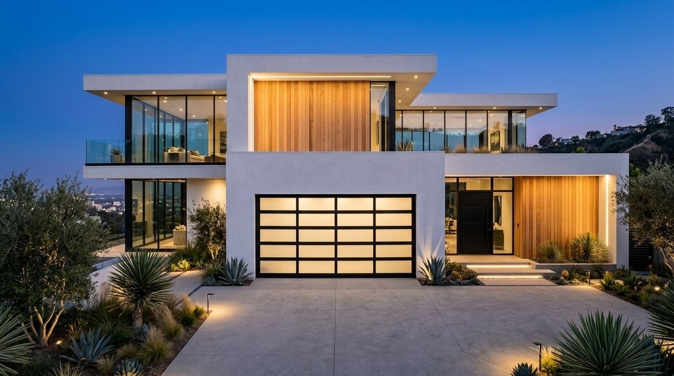 Isaac Garage Door Installers Exterior Closed Garage Door at Twilight