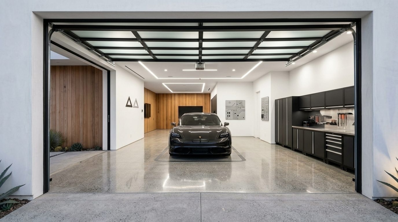 Isaac Garage Door Installers Interior View of Custom Garage Door Overhead and Workshop